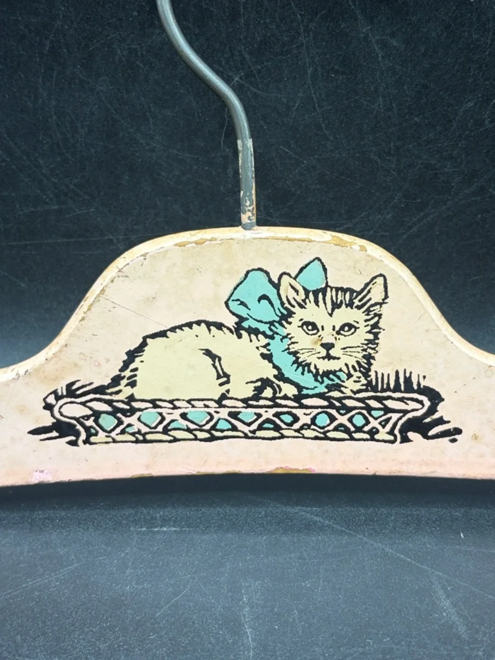 1930s Vintage Children's Wooden Clothing Hanger Pink Kitten Cat With Blue Bow